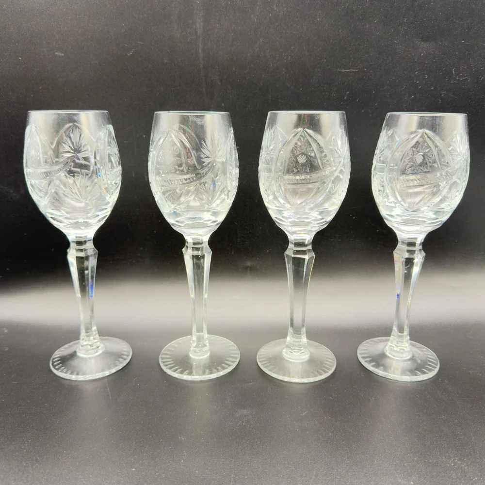 Set of 4 Vintage Nachtmann Lead Crystal Wine‎ Glasses Star Fan Pattern